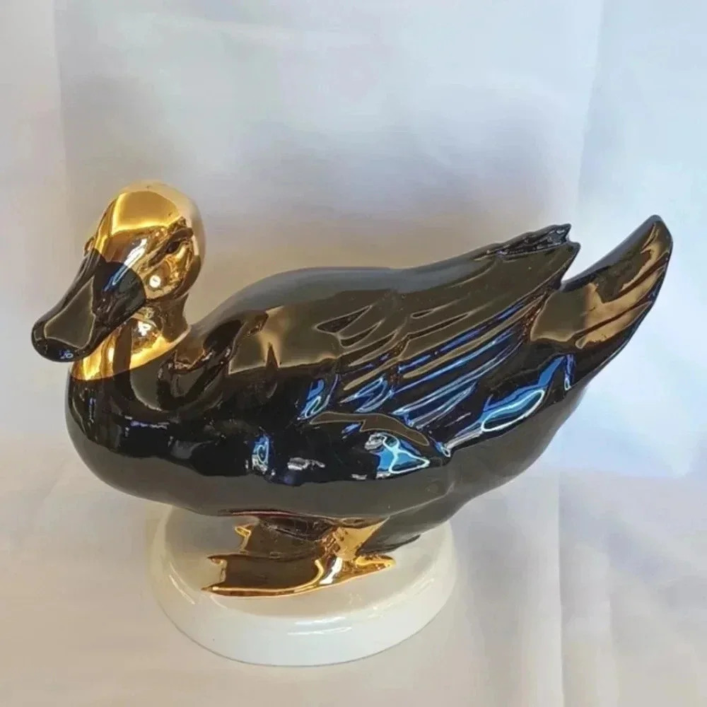 Vintage 70s GOEBEL Black & Gold Hand-Painted Ceramic Porcelain Duck West Germany